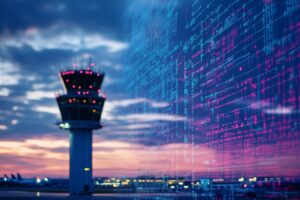 A secure airport network protecting air traffic control from cyber attacks, with firewalls and encryption ensuring safe communication.