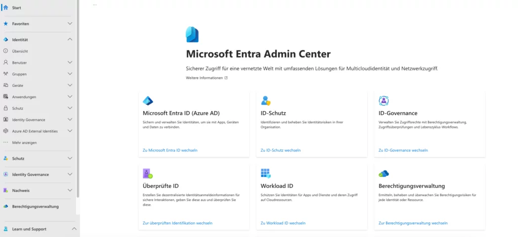 Das Microsoft Entra Admin Center – hierüber können Nutzer Ressourcen und Dienste in der Entra-Cloud verwalten.