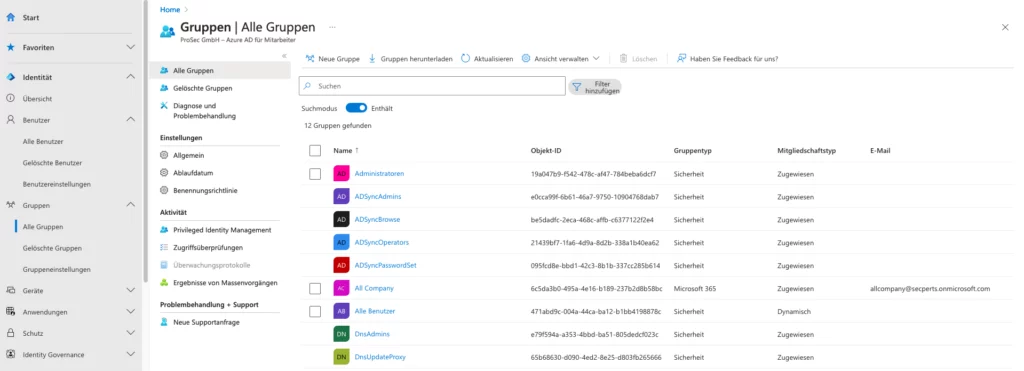 Nutzer haben standardmäßig Lesezugriff auf Gruppen und deren Eigenschaften im Entra Admin Center.