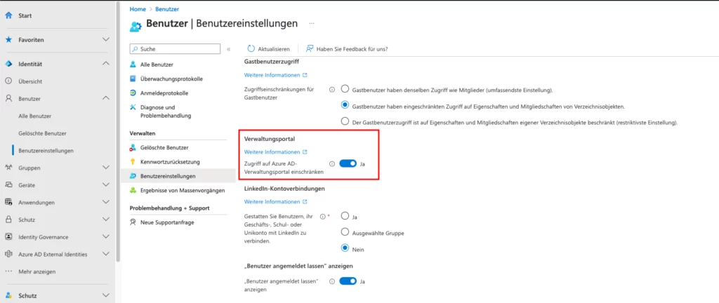 „Zugriff auf Azure AD-/ Entra-Verwaltungsportal einschränken“ – mit diesem Regler in den Benutzereinstellungen beschränkst du die Rechte normaler Nutzer im Entra Admin Center