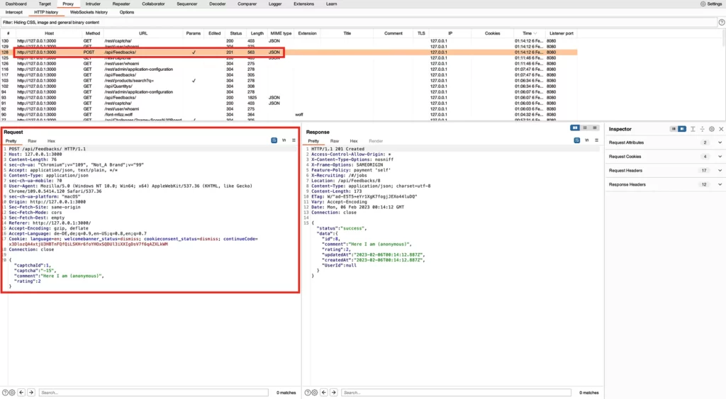 Burp Suite unter dem Reiter „HTTP history“