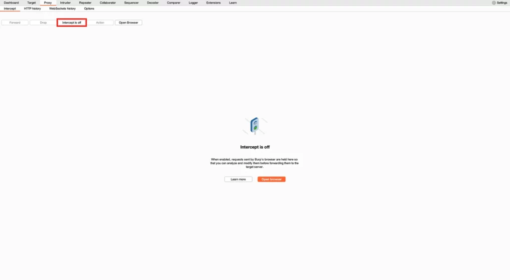 Burp Suite in the “Intercept” tab