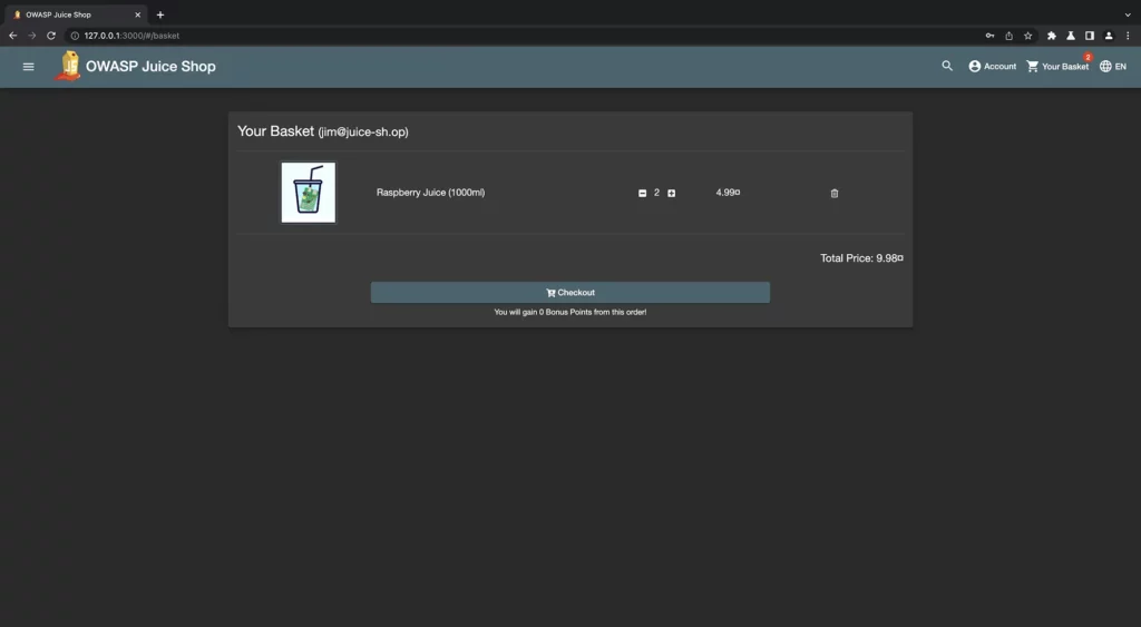 OWASP Juice Shop Warenkorb „Your Basket“