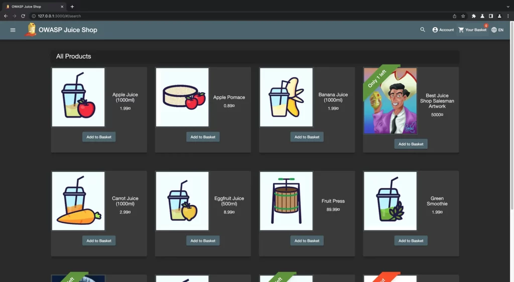 OWASP Juice Shop Warenkorb „Your Basket“