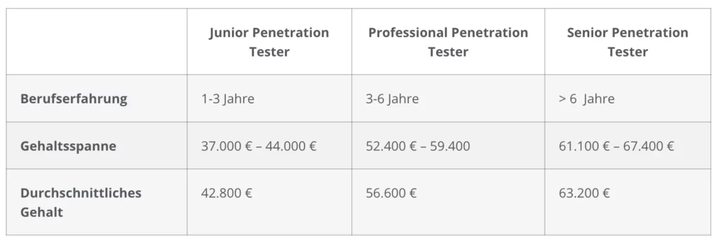 Table showing the salary of a pentester.