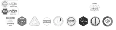 Logos international anerkannter Cybersecurity-Zertifizierungen wie ISO 27001, OSCP, OSCP+, OSEP, OSWE, OSWA, CRTO und Professional Security Academy – Kompetenznachweis der ProSec GmbH