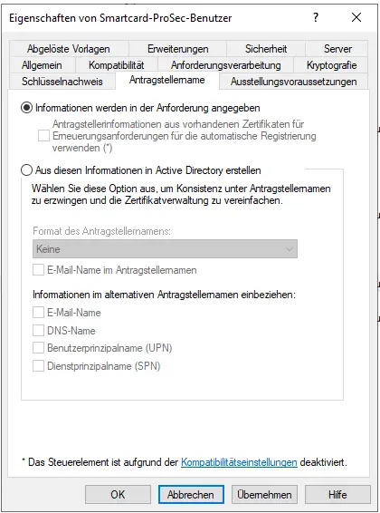 Im Reiter Antragstellername stehen zwei Optionen zur Verfügung.