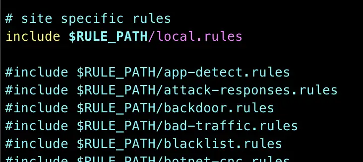 In der snort.conf (bei uns unter /etc/snort/) haben wir alle Community-Rules auskommentiert und nutzen nur unsere eigenen Regeln aus dem File local.rules.