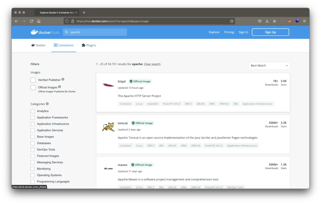 Die Docker Hub Software Oberfläche