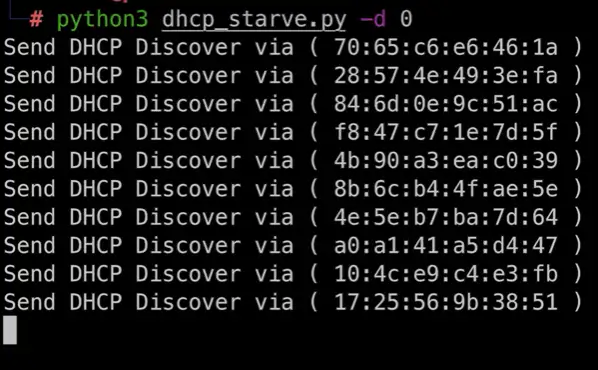 Wird nun ein DHCP-Starvation Attack vom Angreifer ausgeführt, schlägt dieser nach 10 Anfragen fehl.