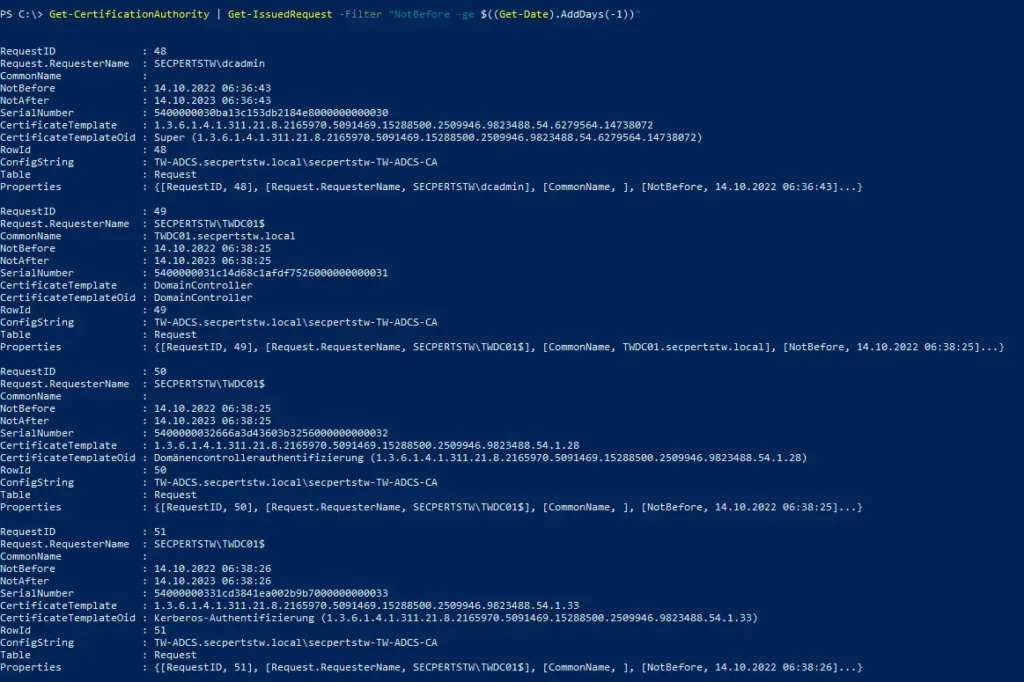 Abfrage der ausgestellten Zertifikate mittels Power Shell