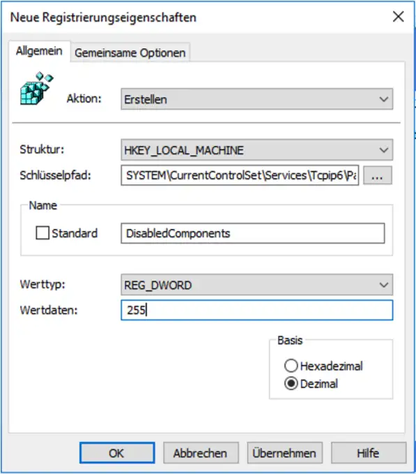 Beispiel für Anpassung der Registry