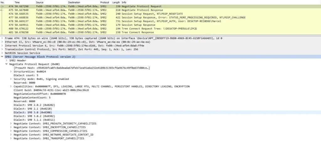 SMB Session Aufbau mit NTLM Authentifizierung in Wireshark