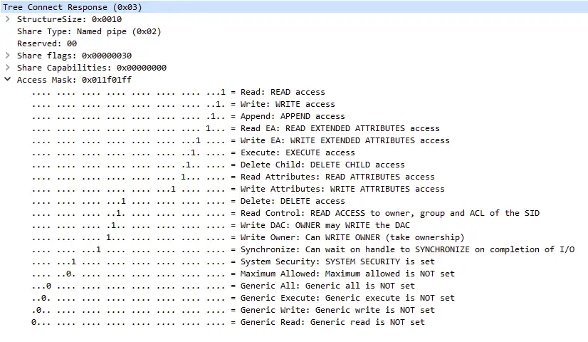 Tree Connect Response mit Access Mask in Wireshark nach erfolgreicher NTLM Authentifizierung: