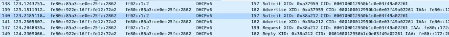 DHCP-Traffic zwischen Angreifer und Opfer. Das Opfer fragt ins Netzwerk nach einem DHCPv6-Server, Angreifer antwortet mit Advertisement, Opfer sendet Request für Konfiguration, Angreifer antwortet mit Reply.