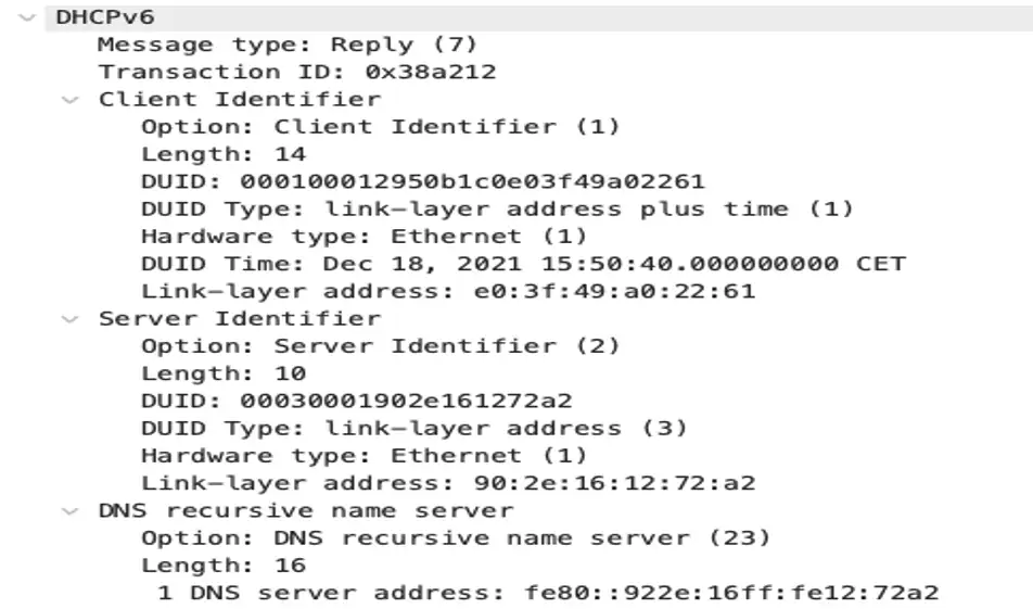 DHCP-Reply des Angreifers, in der letzten Zeile ist erkennbar, dass der Angreifer die eigene IPv6 Adresse als DNS-Server an das Opfer weitergibt.