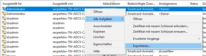 Export des Zertifikates als *.pfx