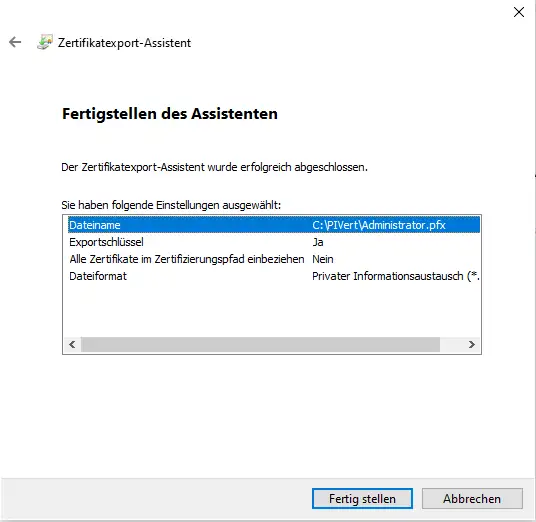 Zusammenfassung des Zertifikat Export