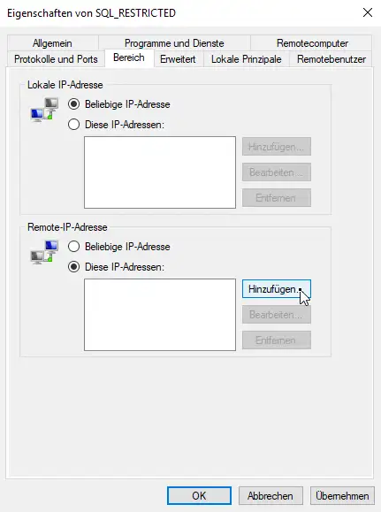 und schreiben in Remote-IP_Adresse die freigegebenen Hosts rein