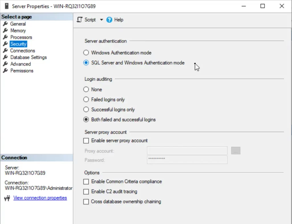 Da wir den SQL Server Brute-forcen möchten, haben wir die Server Authentifizierung auf “SQL Server and Windows Authentication mode“ gesetzt