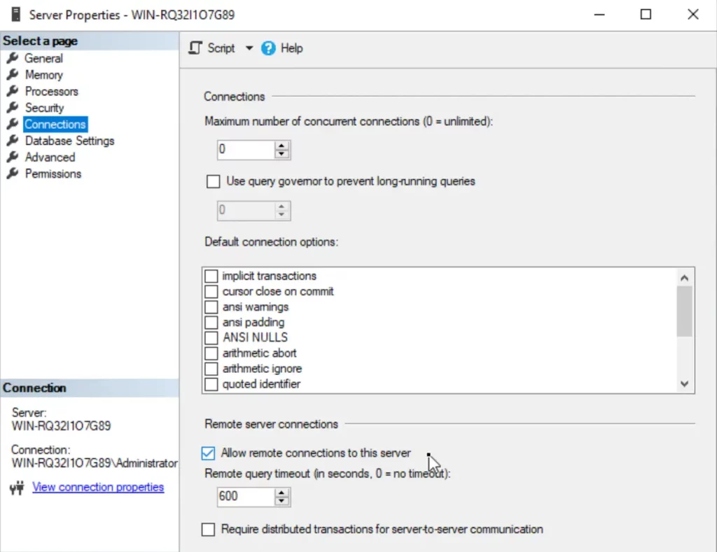 Der Haken “Allow remote connections to this server“ muss gesetzt sein