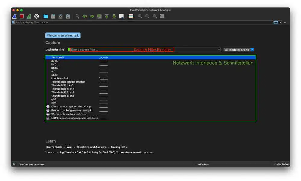 Die Benutzeroberfläche von Wireshark