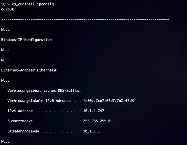 Ein Bespielbefehl “ipconfig“ über die xp_cmdshell abgesetzt