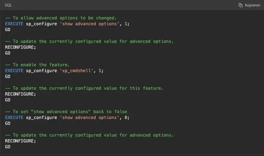 Die SQL Abfragen um die xp_cmdshell zu aktivieren