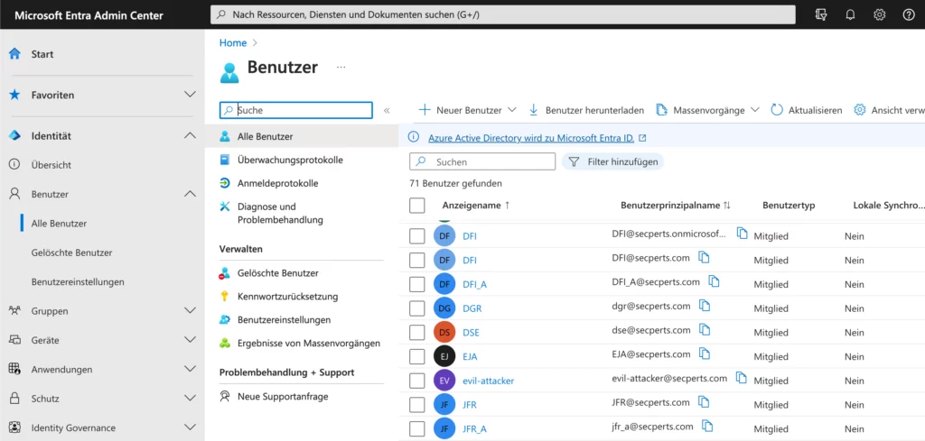 Benutzer-Liste im Entra Admin Center – per Default können normale Nutzer die Liste aller Nutzer einsehen.