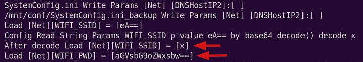 Terminal-Ausgabe zeigt Base64-codierte WLAN-Zugangsdaten der Kamera, darunter SSID und verschlüsseltes Passwort.