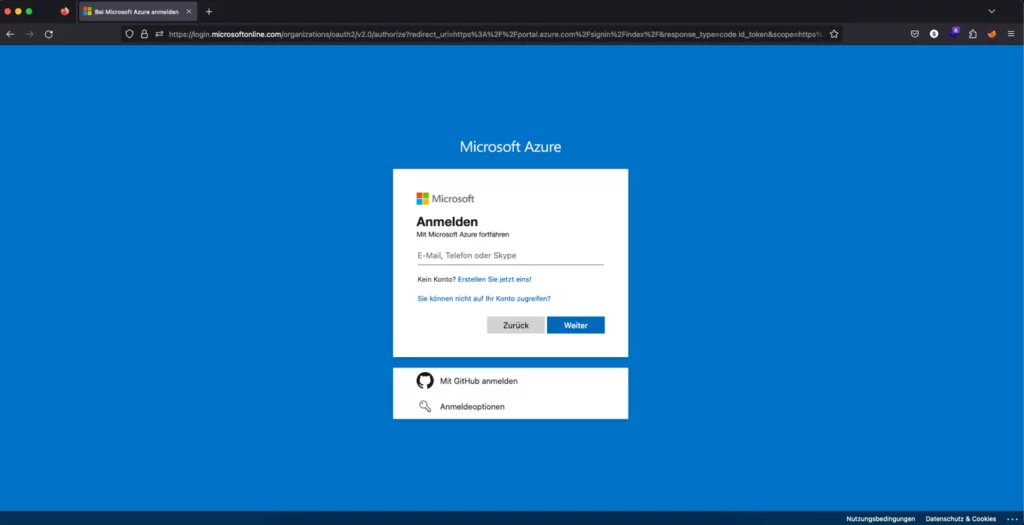 Azure App Registration – Anmeldefenster Azure