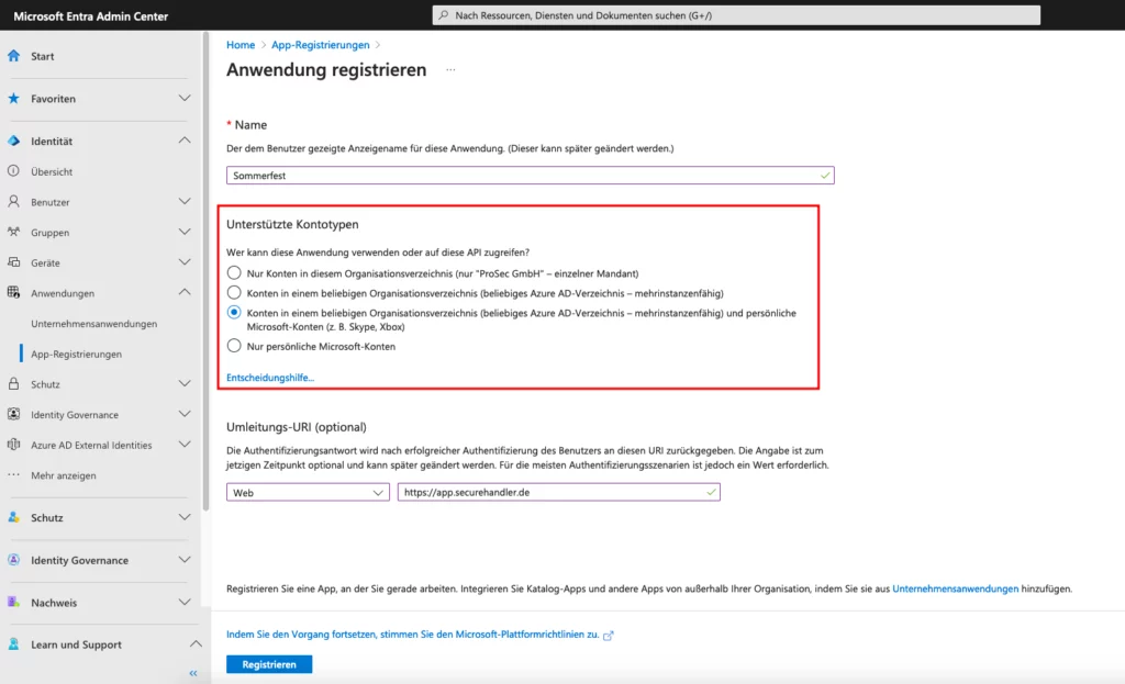 Azure App Registration – Untermenü Anwendung registrieren