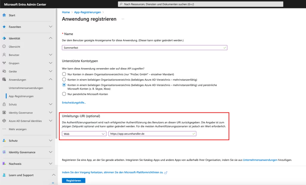 Azure App Registration – Create redirect URI