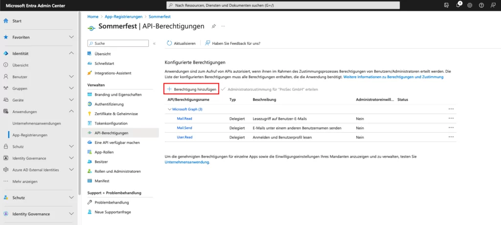 Azure App Registration – Menü API-Berechtigungen