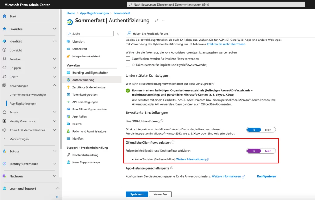 Azure App Registration – Menü Authentifizierung