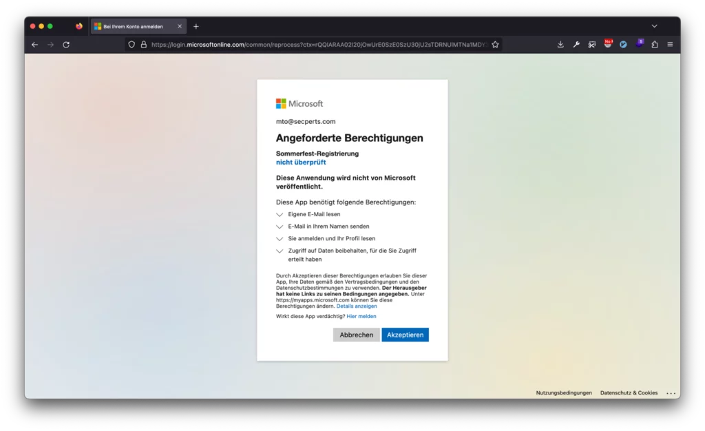 Azure App Registration – Ansicht Phishing-Link